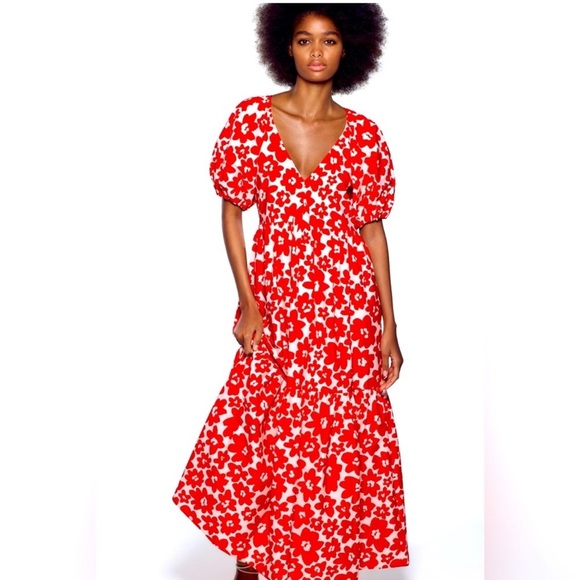 zara red floral midi dress ZARA FLORAL POPLIN MIDI DRESS RED WHITE PUFF SLEEVES XS,S,M BNWT